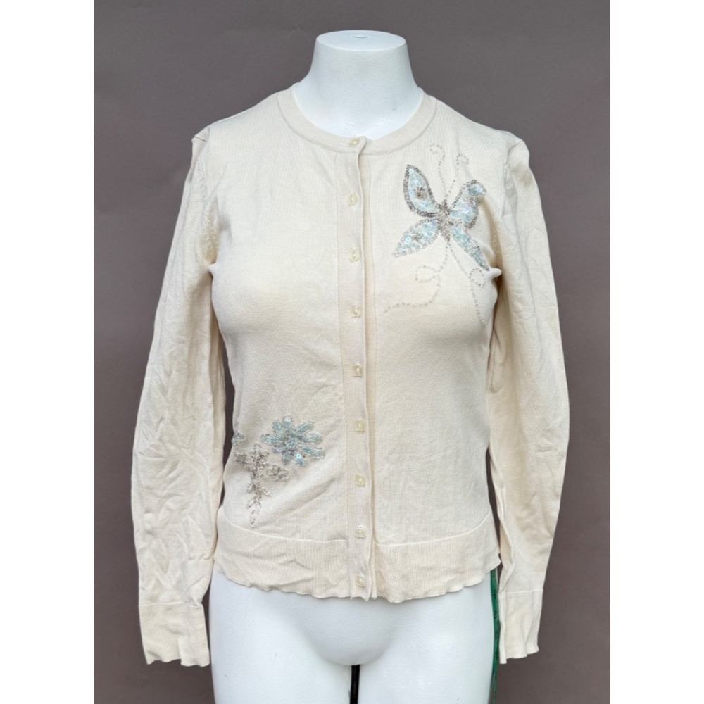 Vintage 90s Y2K Cardigan Sweater Small Silk Ivory Sequin Beaded Button Romantic